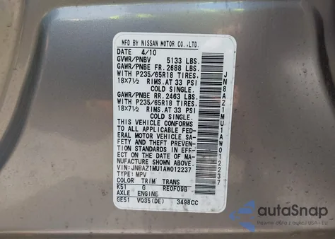 2010 Nissan Murano S from USA, damaged, VIN JN8AZ1MU1AW012237